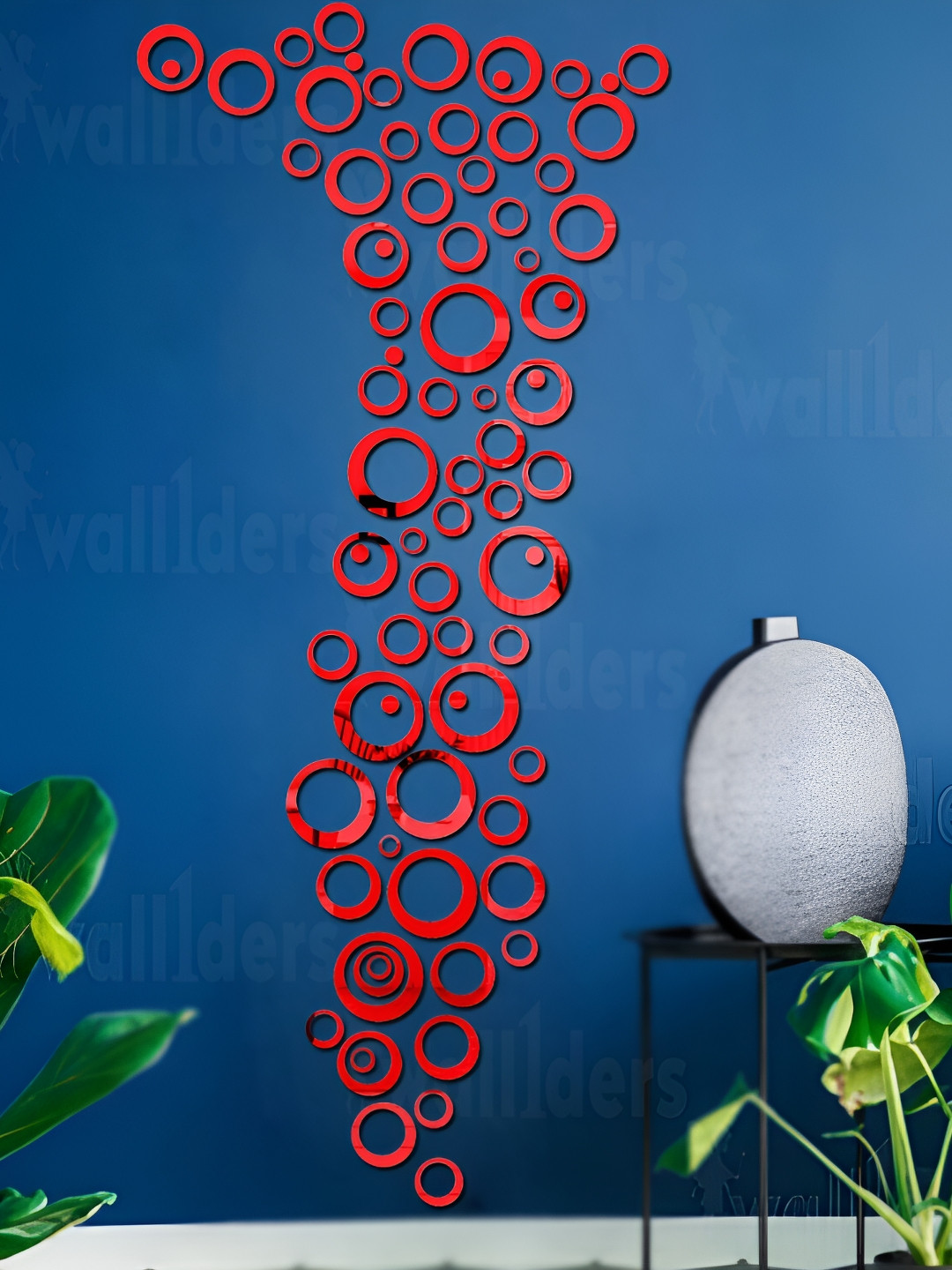 Wall1ders Red 70-Pcs Rings & Dots Mirror Wall Stickers