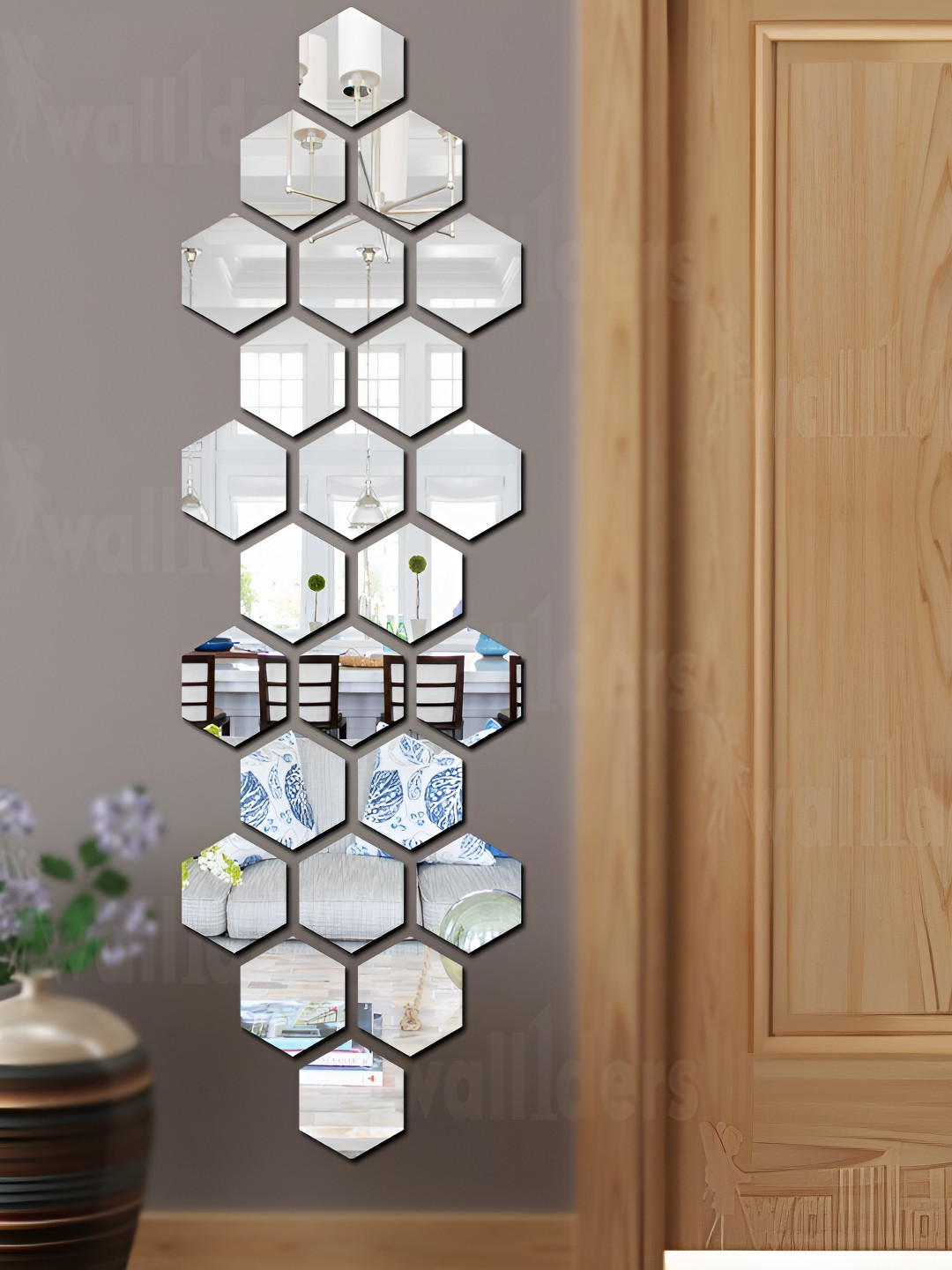 Wall1ders Grey 24-Pcs Hexagon Shape Self-Adhesive 3D Acrylic Mirror Wall Stickers