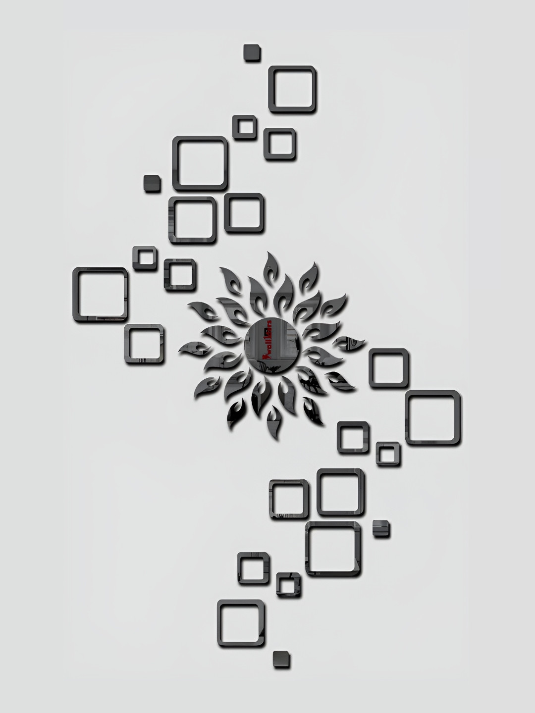 Wall1ders Black 25 Pieces Sun With Square Self-Adhesive 3D Acrylic Mirror Wall Stickers