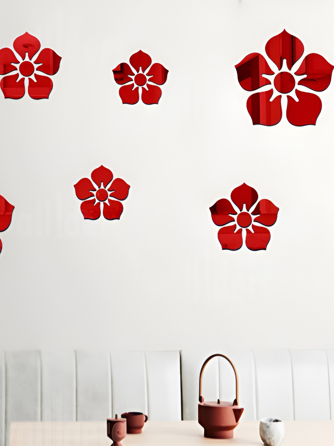 Wall1ders Red 8 Pieces Flower Shape Self-Adhesive 3D Acrylic Mirror Wall Stickers
