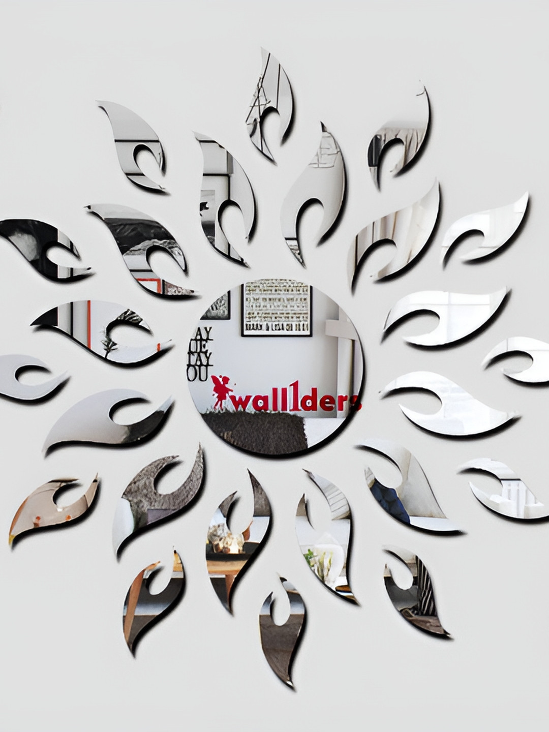 Wall1ders Silver-Toned 2 Pieces Sun Silver With Hexagon Ring 3D Mirror Wall Stickers