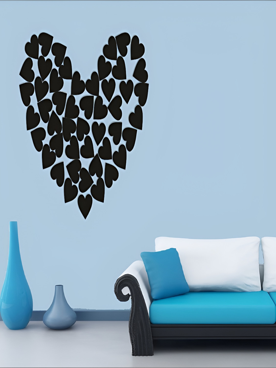 Wall1ders Black 50 pcs 3D Hearts Mirror Wall Stickers