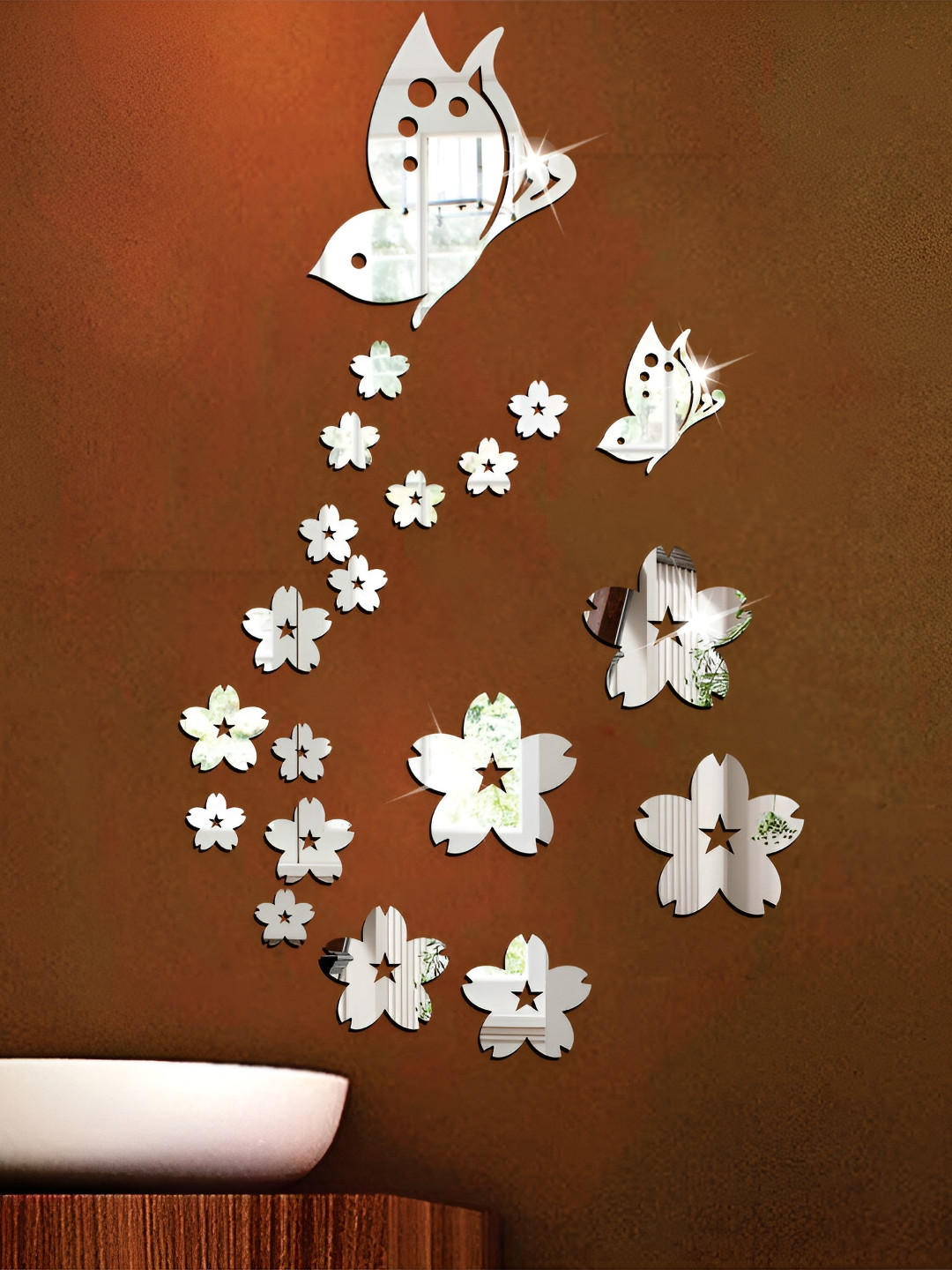 Wall1ders Silver-Toned 21-pcs Butterfly & Flower 3D Acrylic Mirror Wall Stickers