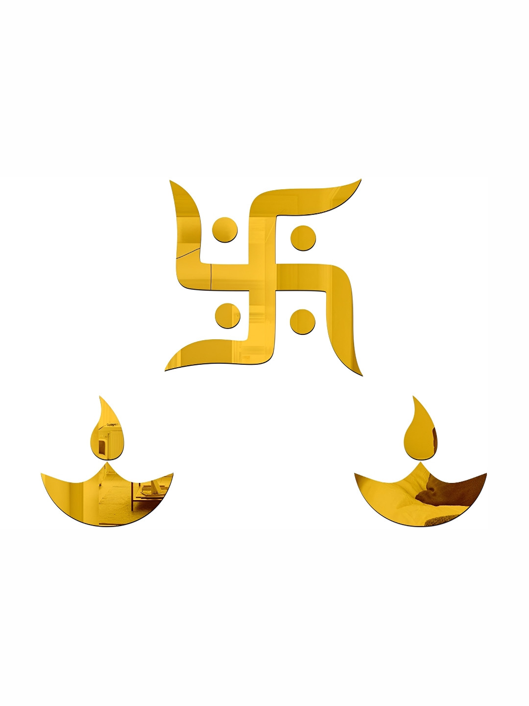 Wall1ders Gold Toned 3 Pieces Swastik & Diya 3D Wall Stickers