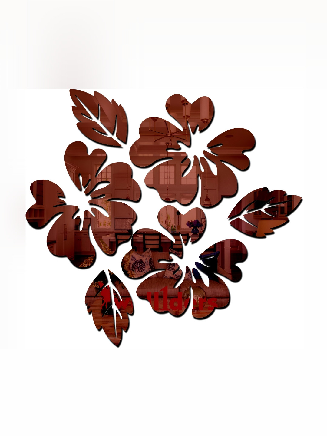 Wall1ders Brown Flower & Leaf 3D Mirror Wall Stickers