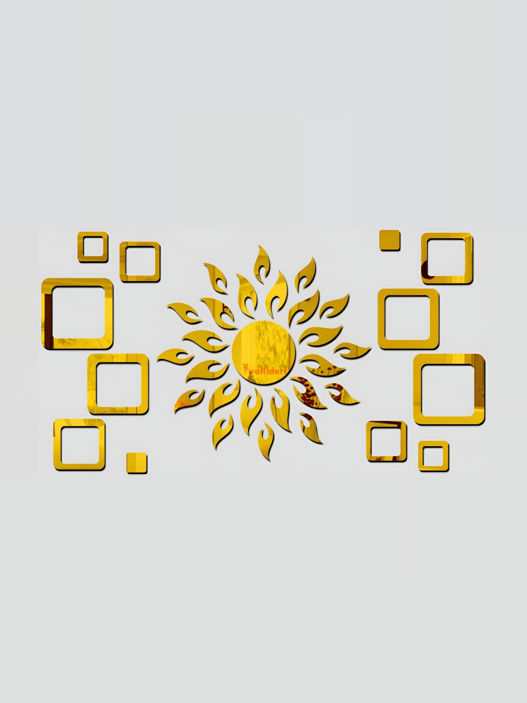 Wall1ders Gold-Toned Sun & 12 pcs Square 3D Mirror Wall Stickers