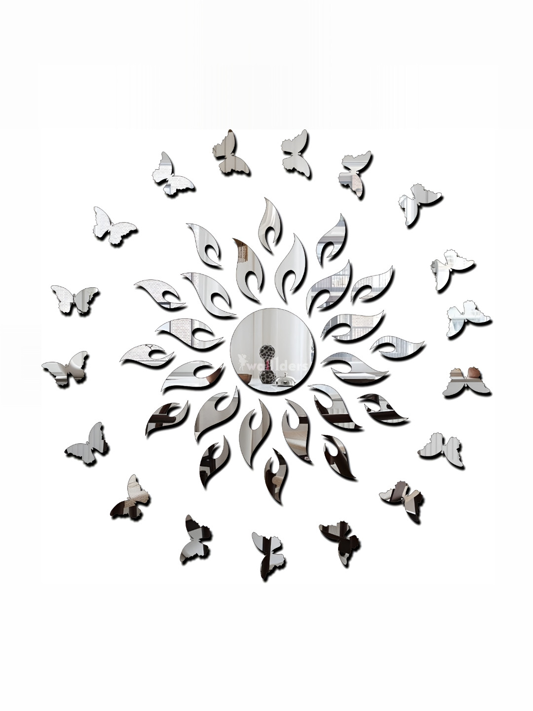 Wall1ders Silver-Toned Sun & 20pcs Butterfly 3D Mirror Wall Stickers