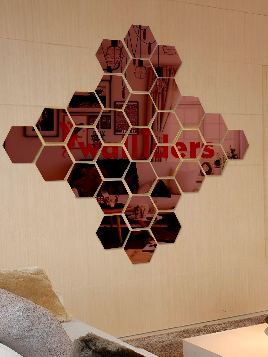 Wall1ders Brown 30 Pcs Hexagon 3D Mirror Wall Stickers