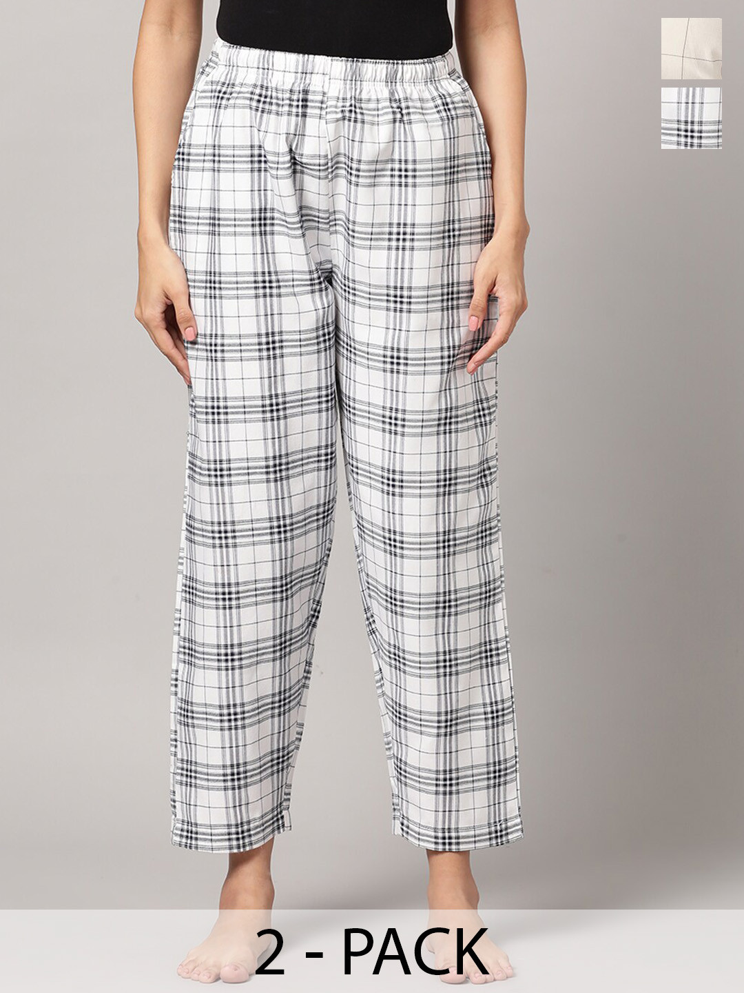 Kryptic Women Set Of 2 Checked Cotton Straight Leg Lounge Pants
