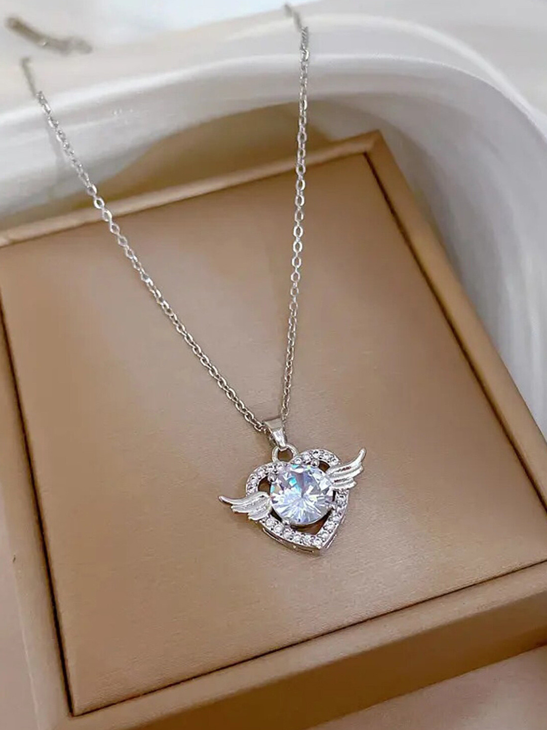 Fashion Frill Silver-Plated CZ-Studded Heart-Shaped Pendants With Chain