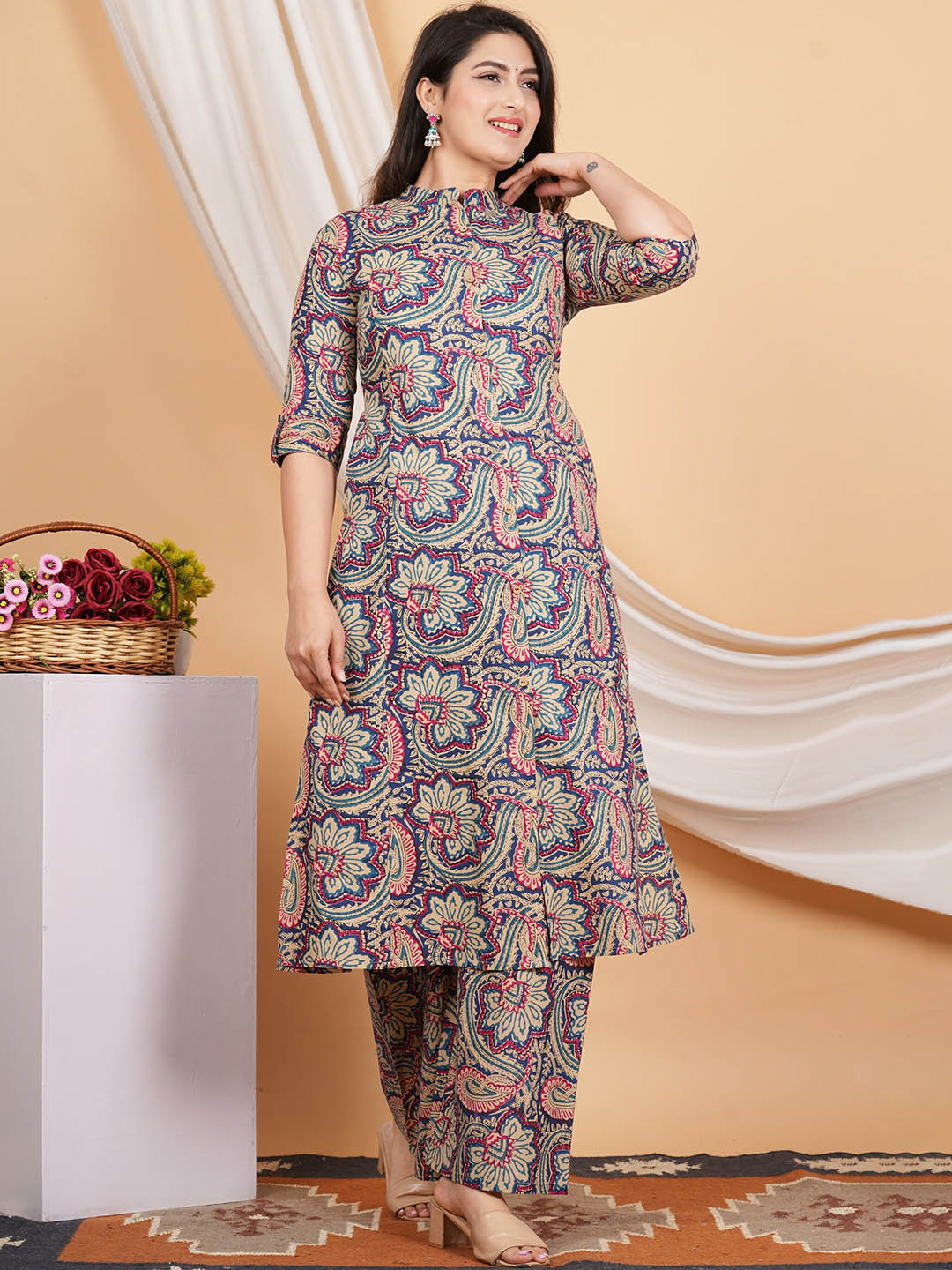 Vbuyz Blue Floral Kalamkari Printed Pure Cotton A-Line Kurta With Palazzo