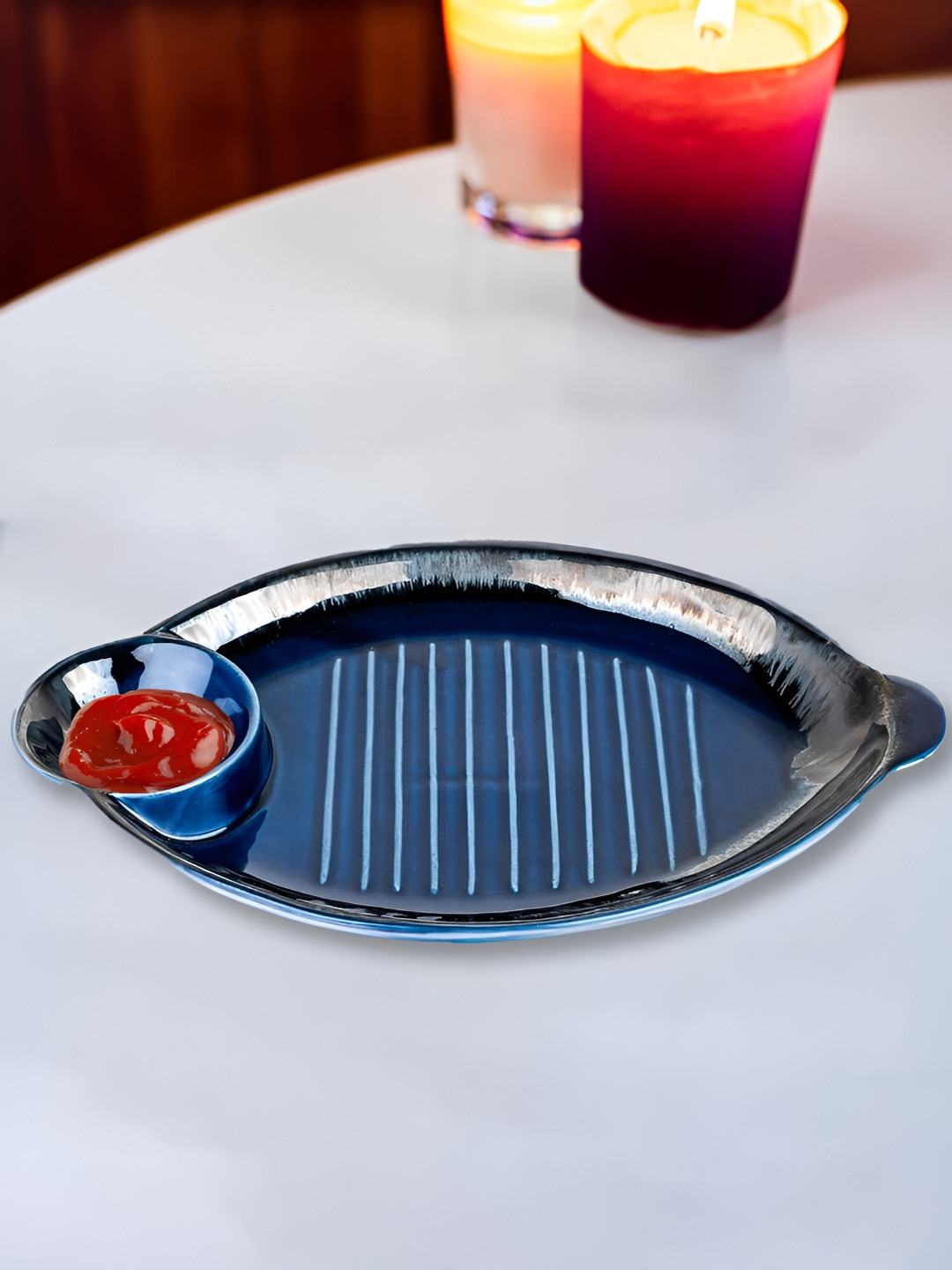 Ekhasa Blue Ceramic Microwave Safe Food Platter