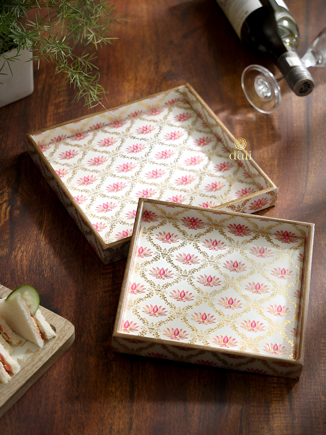 DULI White & Brown 2 Pieces Wooden Rectangle  Trays