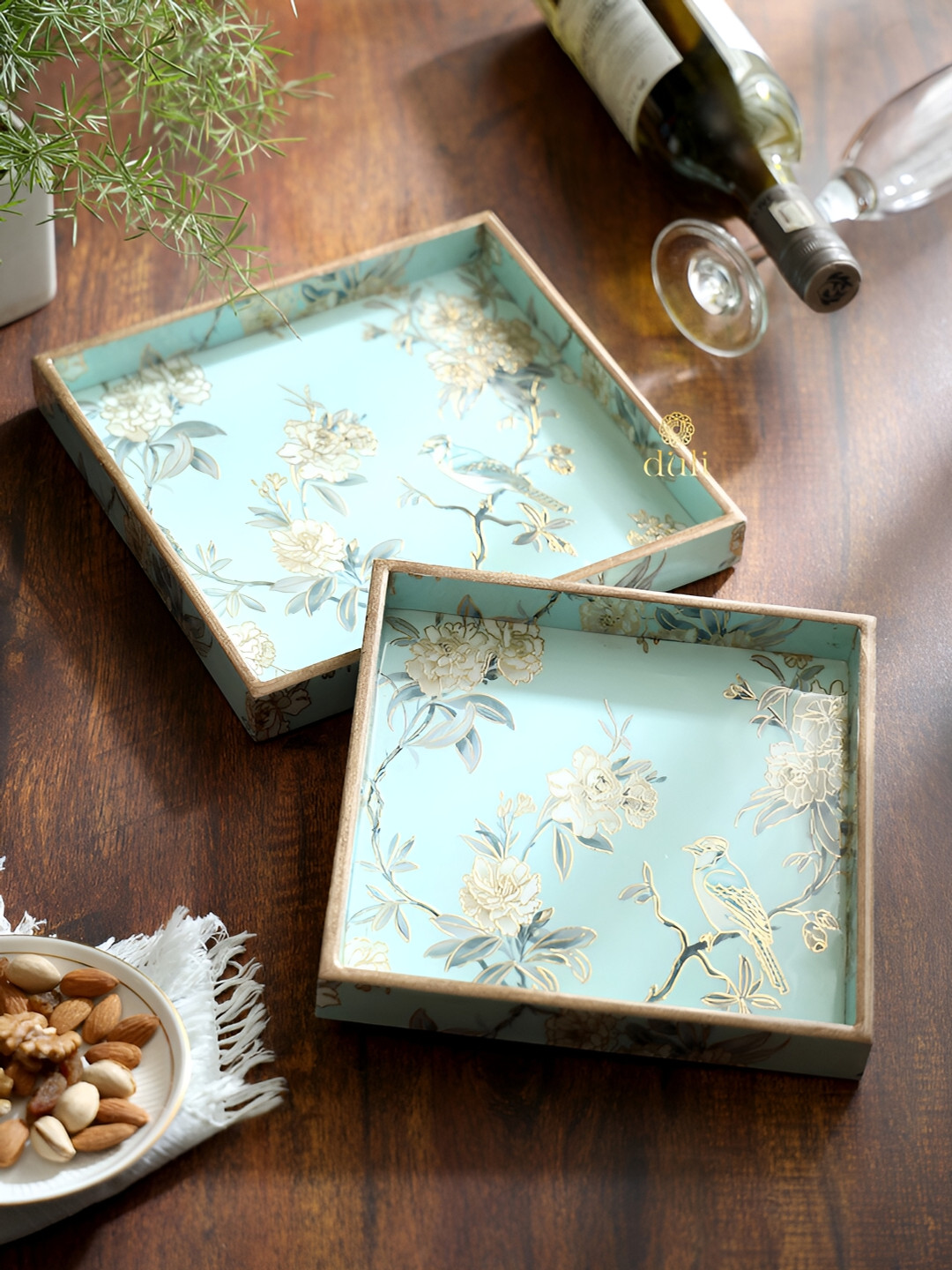 DULI Blue & Brown 2 Pieces Wooden Rectangle  Trays