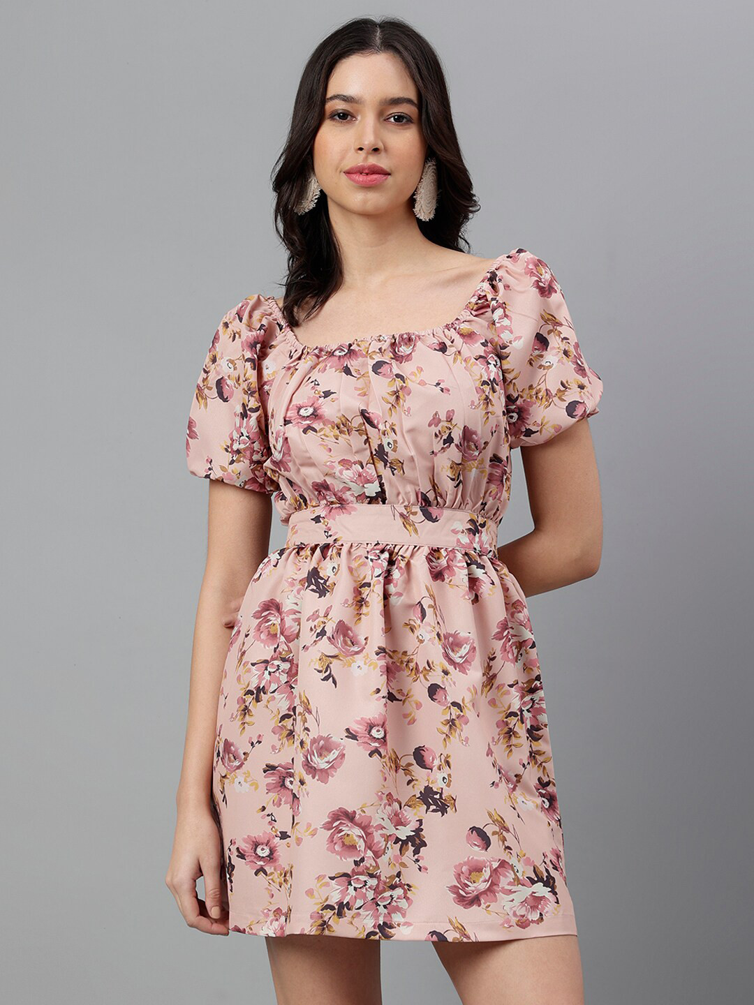TRYMISFIT Floral Printed Square Neck Puff Sleeve Cut Out Tie Up Cotton A-Line Dress