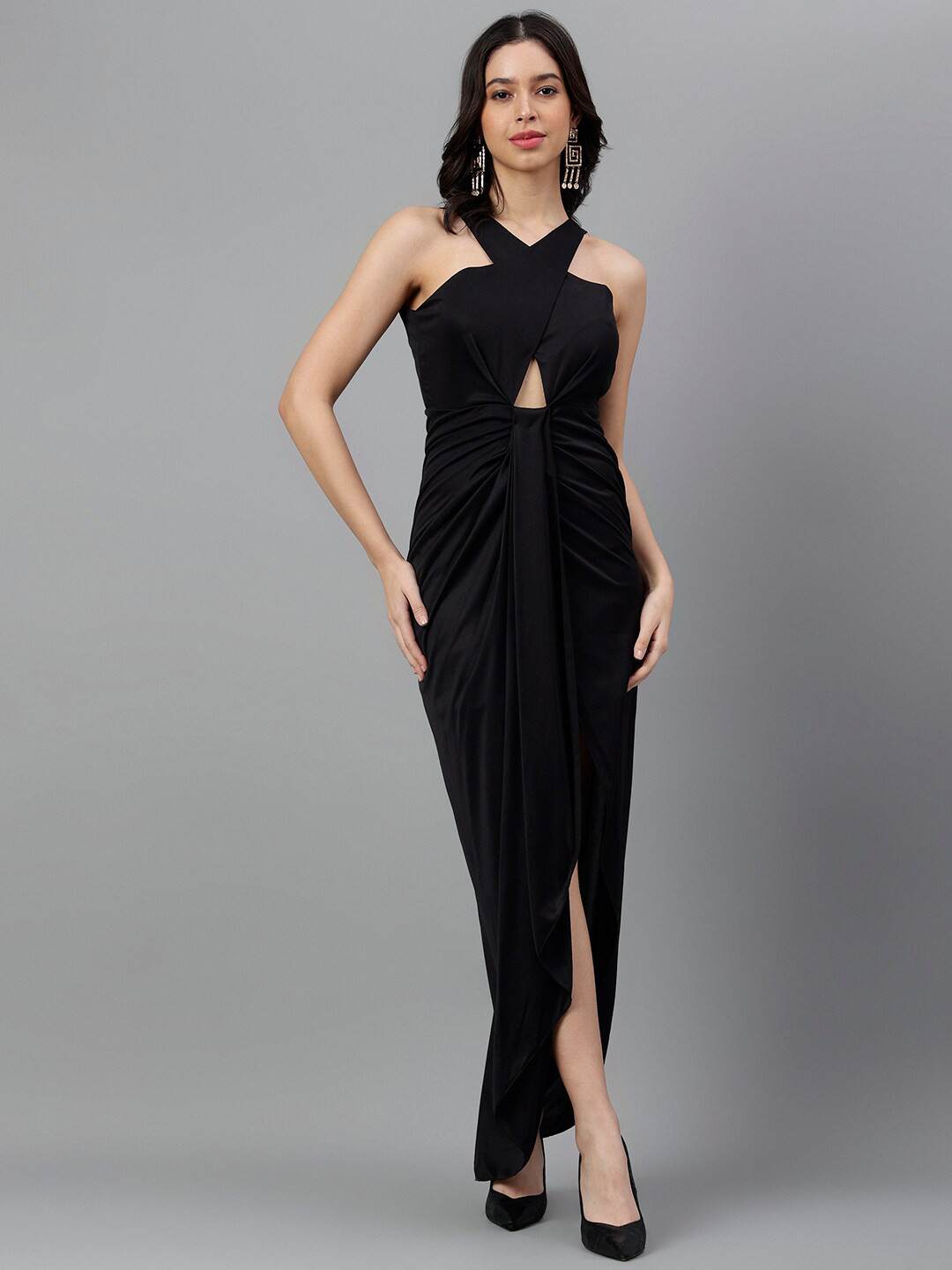 TRYMISFIT Halter Neck Cut Out Pleated Cotton Maxi Dress