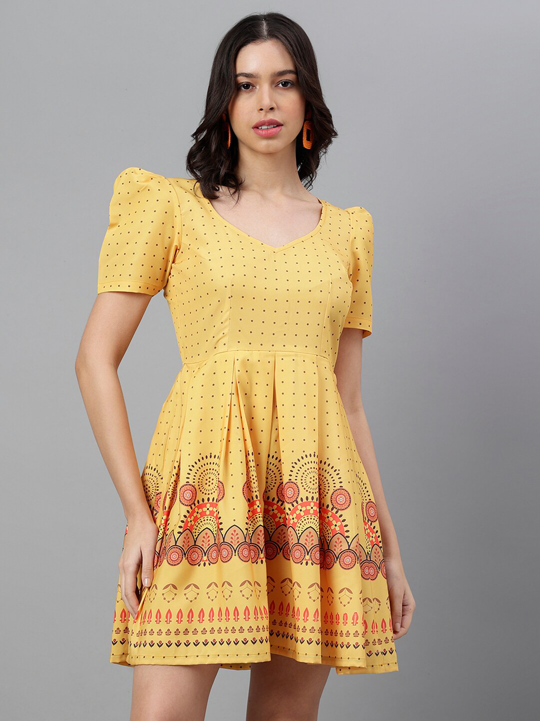 TRYMISFIT Ethnic Motifs Printed V-Neck Puff Sleeve Pleated Cotton Fit & Flare Dress
