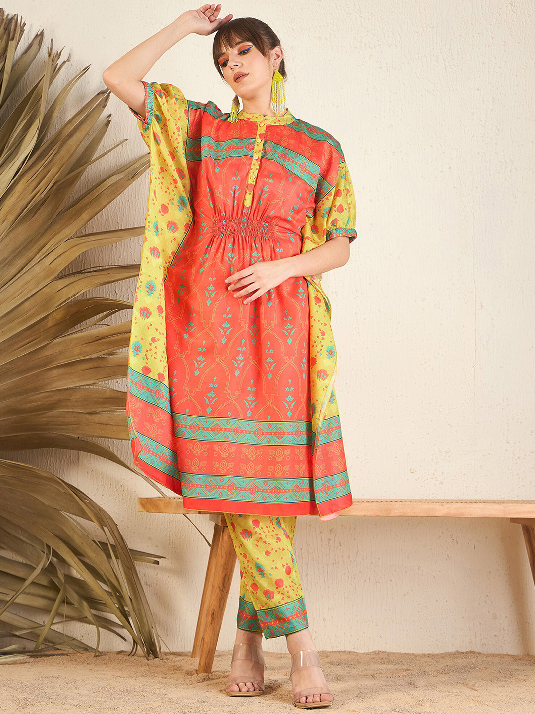 Indo Era Orange Floral Printed Flared Kaftan Kurta with Trouser