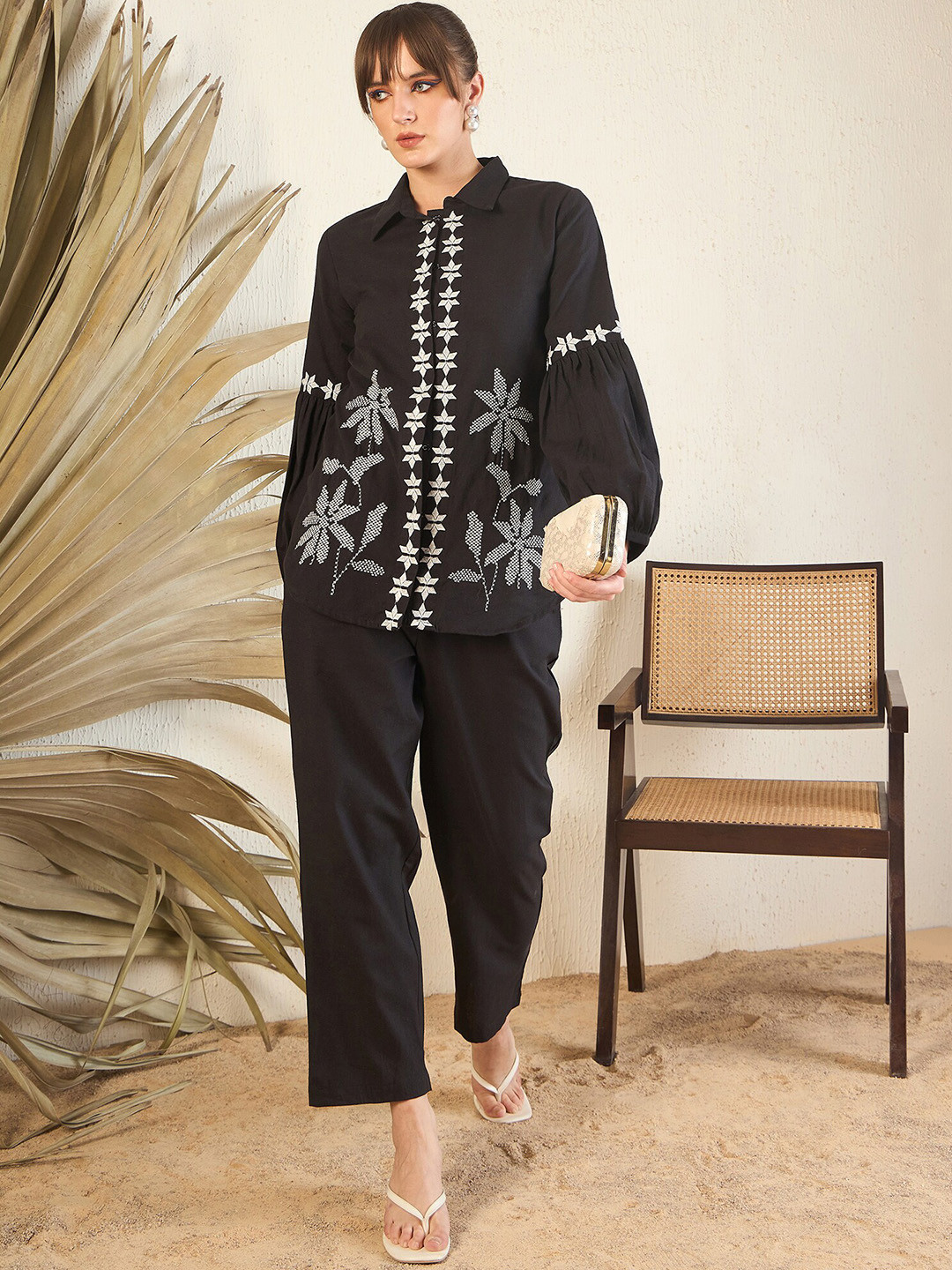 Indo Era Black Floral Embroidered Straight A-Line Kurta With Trouser