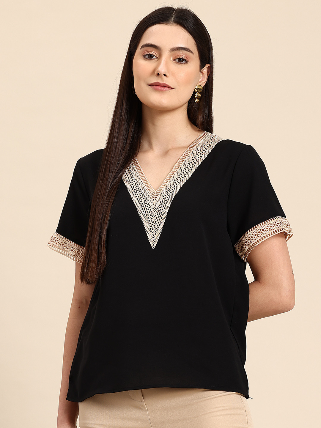 StyleCast Lace Insert V-Neck Top