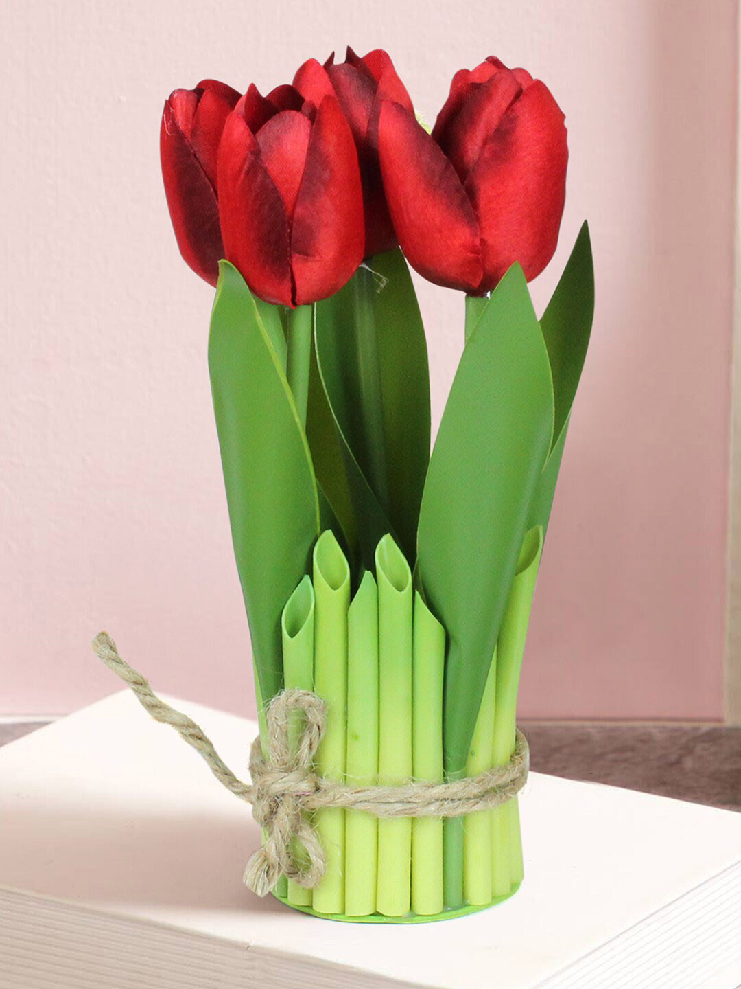 TIED RIBBONS Red & Green Tulip Artificial Flowers And Plant