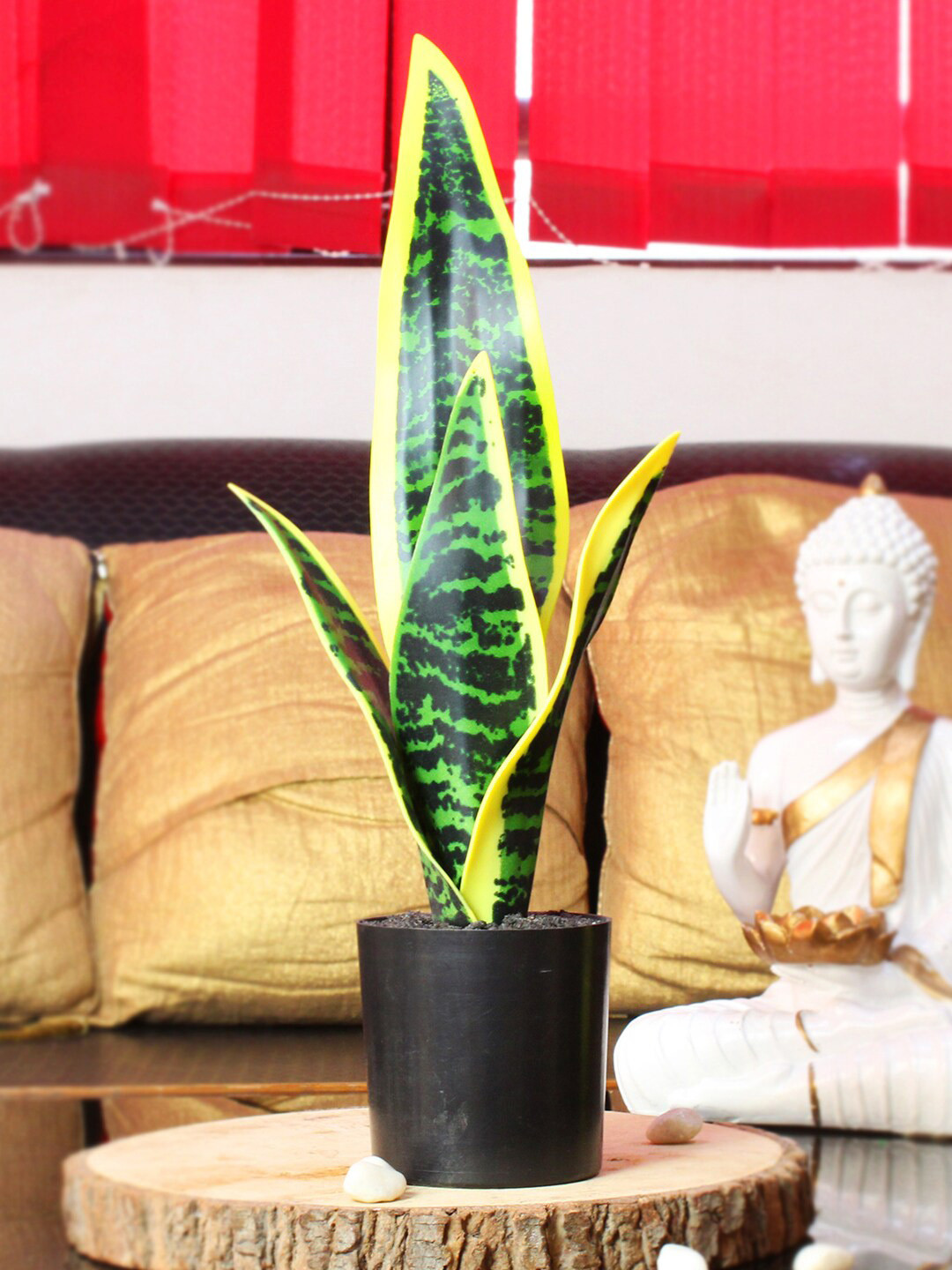 TIED RIBBONS Green & Yellow Artificial Snake Plant With Pot