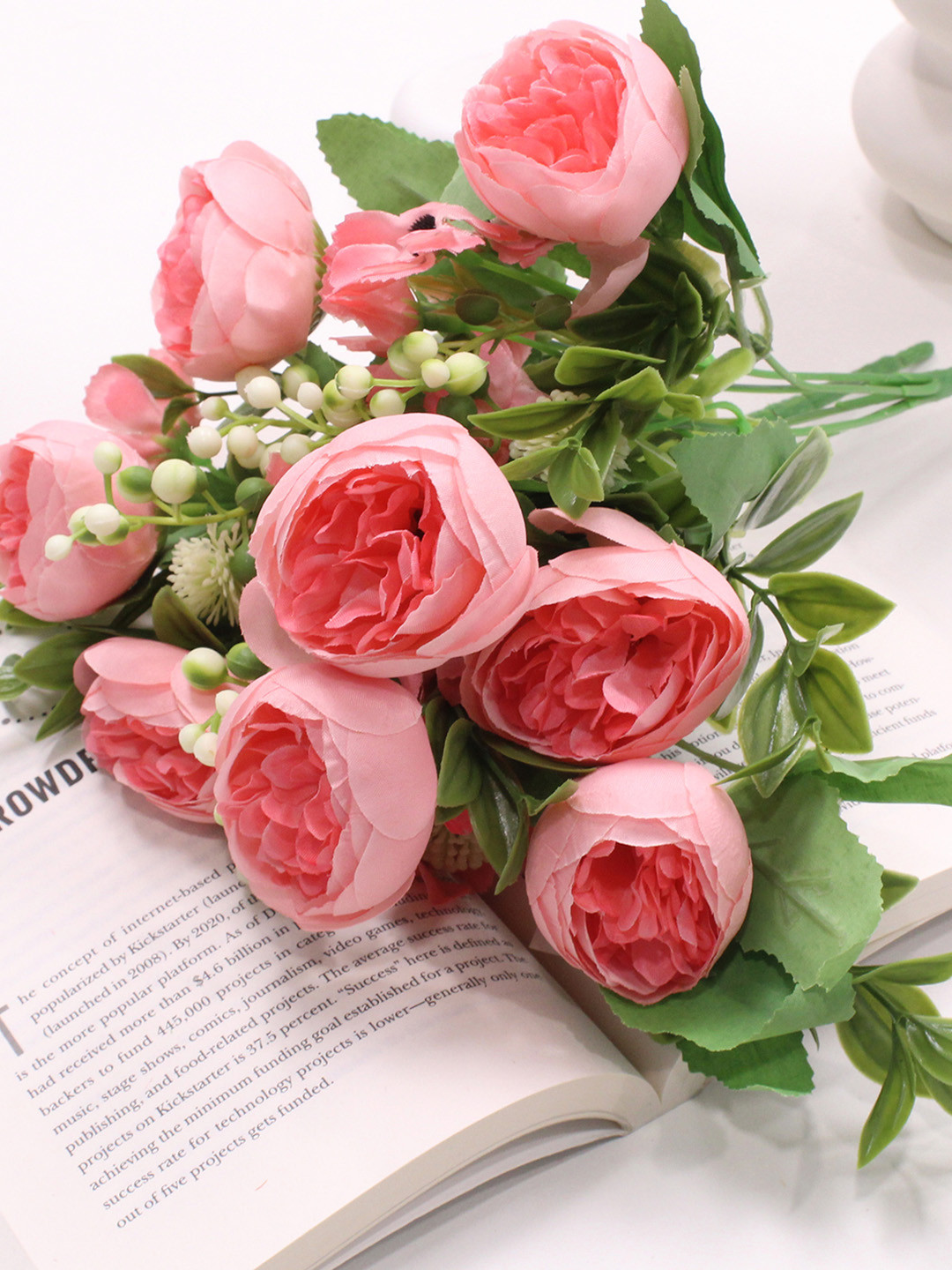 TIED RIBBONS Pink & Green 2 Pieces Peony Artificial Flowers And Plants