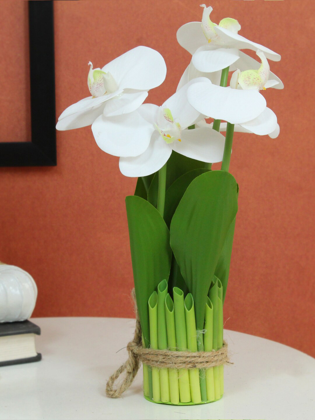 TIED RIBBONS White & Green Orchid Artificial Flowers And Plant
