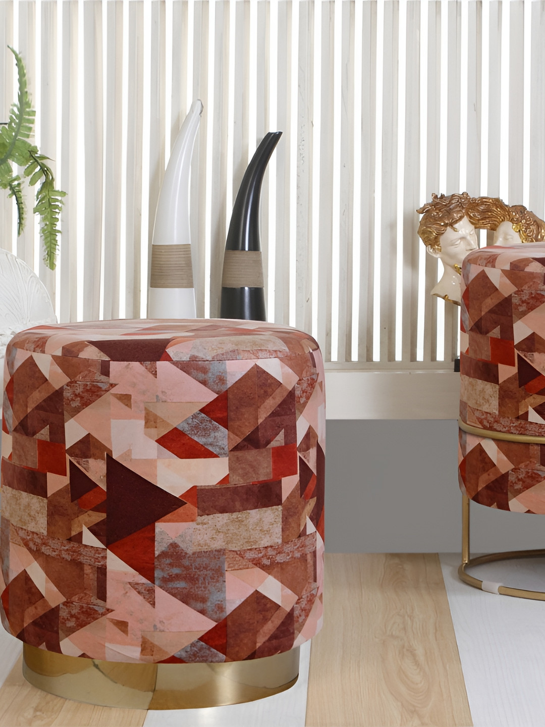 Shadowkart Maroon Abstract Printed Wooden Pouffes Sitting Mudda Ottomans