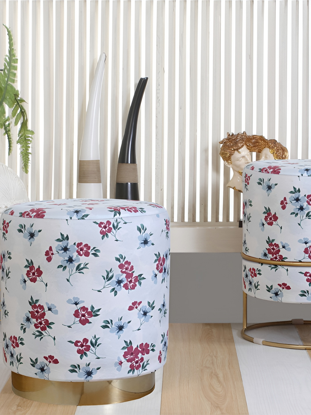 Shadowkart White & Pink Floral Printed Wooden Pouffes Sitting Mudda Ottomans