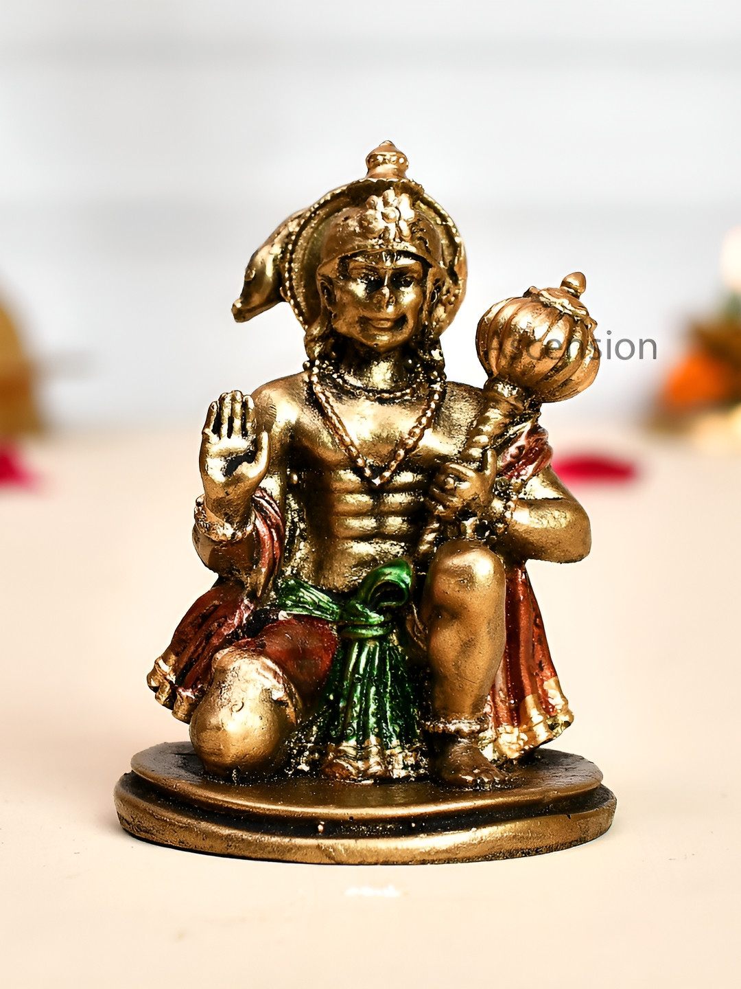 Ascension Sitting Hanuman Ji Beige Polyresin Metallic Prayer Room Small Showpiece - 2.2 Inches