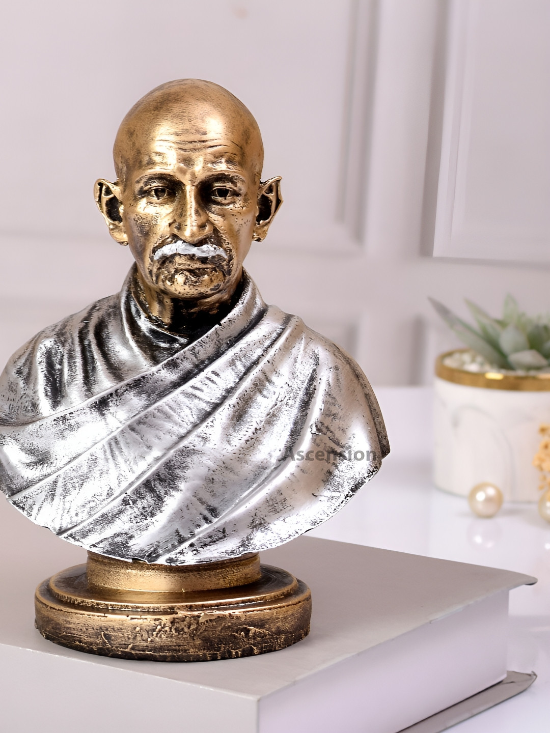 Ascension Mahatma Gandhi Silver Polyresin Glossy Living Room Hand-Painted Medium Showpiece - 7.5 Inches
