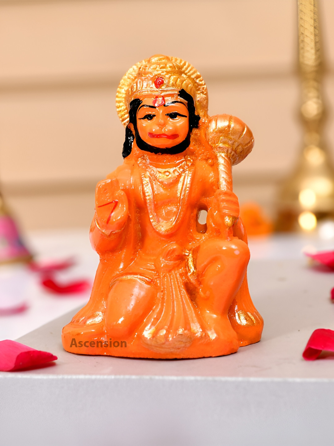Ascension Hanuman Ji Orange Polyresin Glossy Prayer Room Small Showpiece - 3.1 Inches