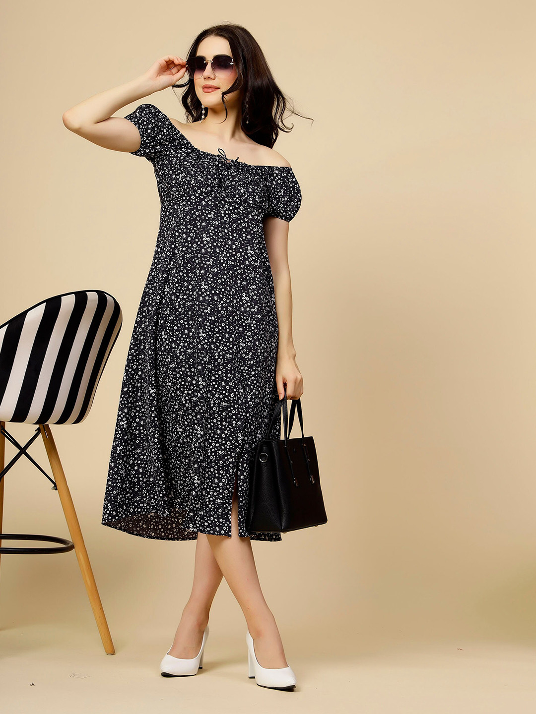 MISS AYSE Women Floral Print Off-Shoulder Georgette A-Line Midi Dress