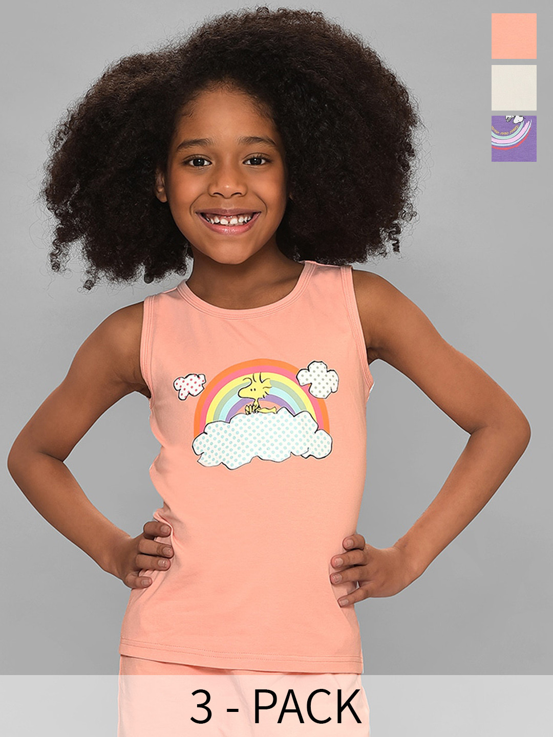 MiArcus Peanuts Girls Pack Of 3 Snoopy Printed Sleeveless Cotton Tops