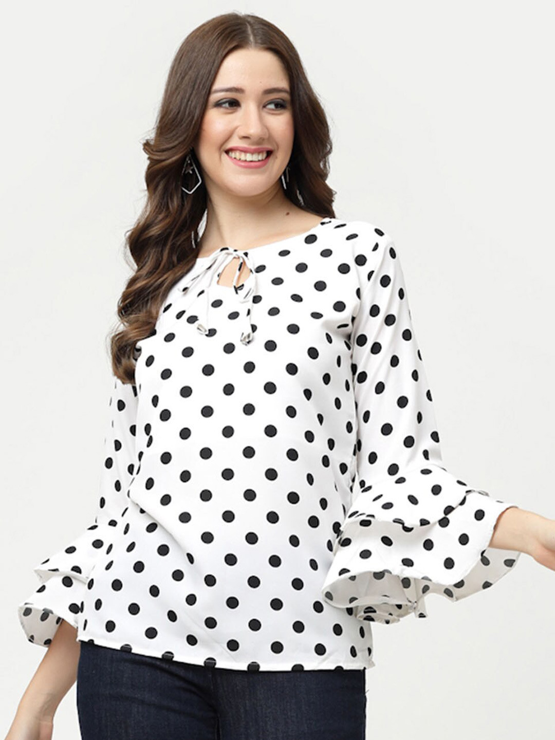 MISS AYSE Polka Dot Print Bell Sleeve Crepe Styled Back Top