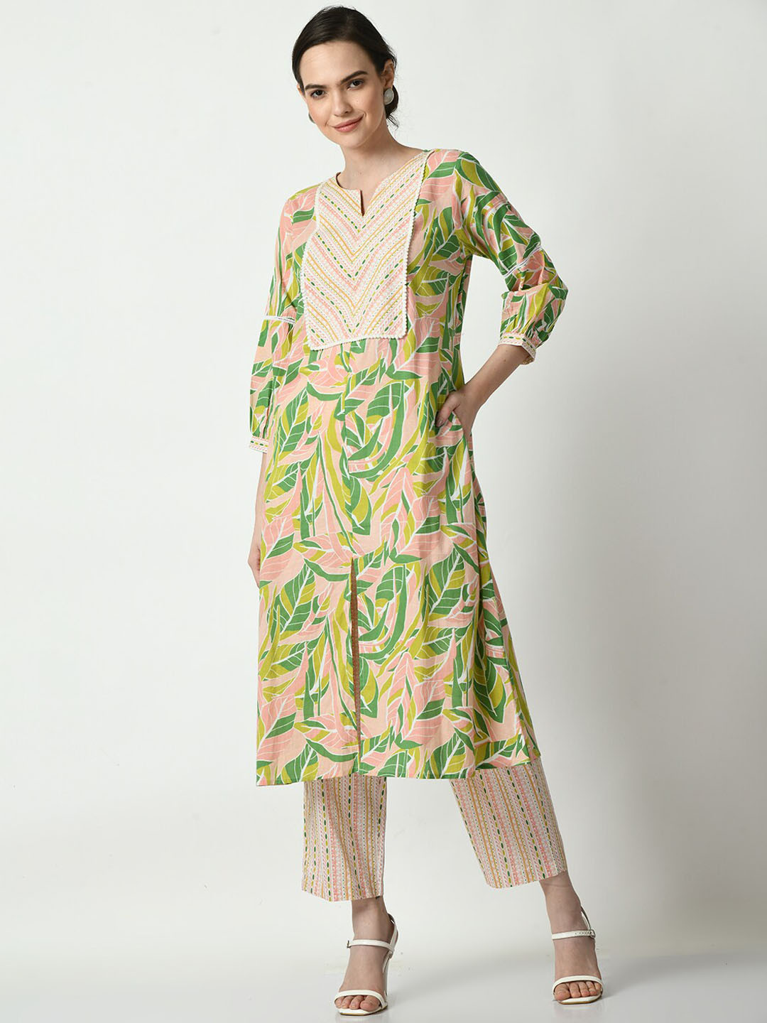 KALINI Floral Printed Puff Sleeves Multiple Slits Pure Cotton Kurta with Palazzos