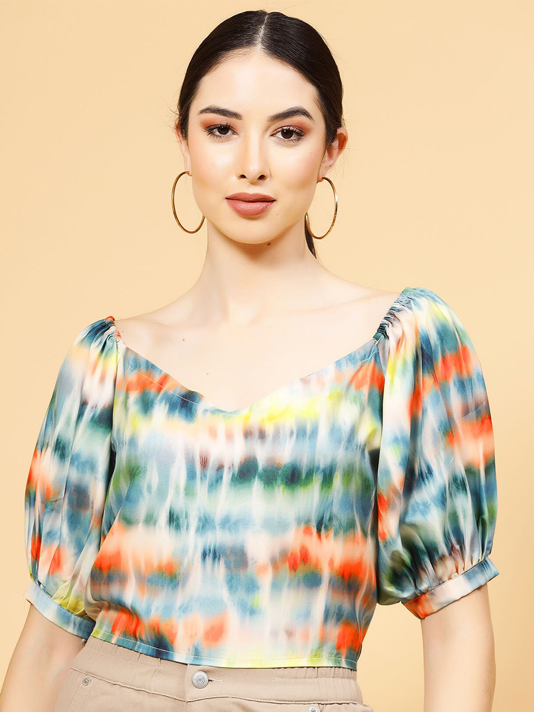 MISS AYSE Puff Sleeve Crepe Blouson Top