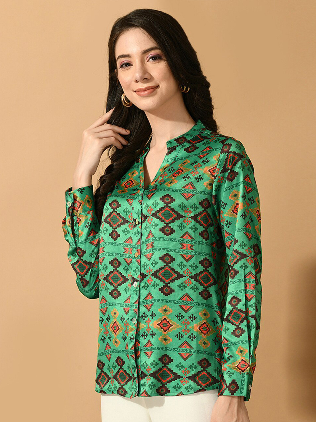 KALINI Geometric Print Mandarin Collar Satin Shirt Style Top