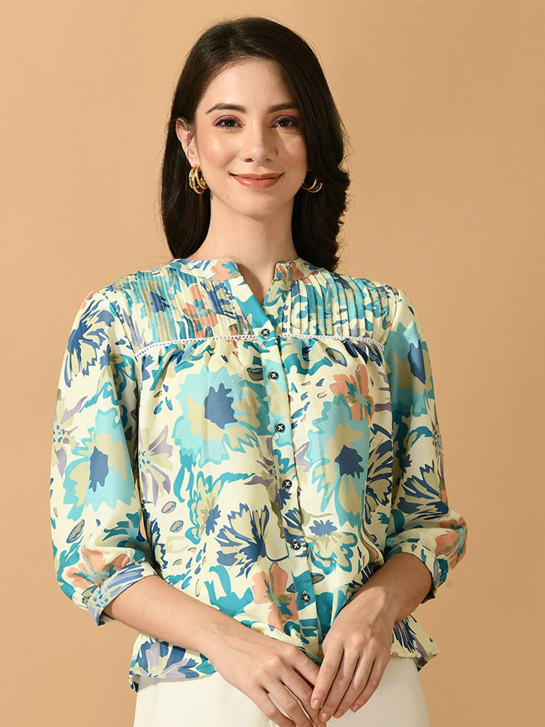 KALINI Floral Print Mandarin Collar Linen Shirt Style Top