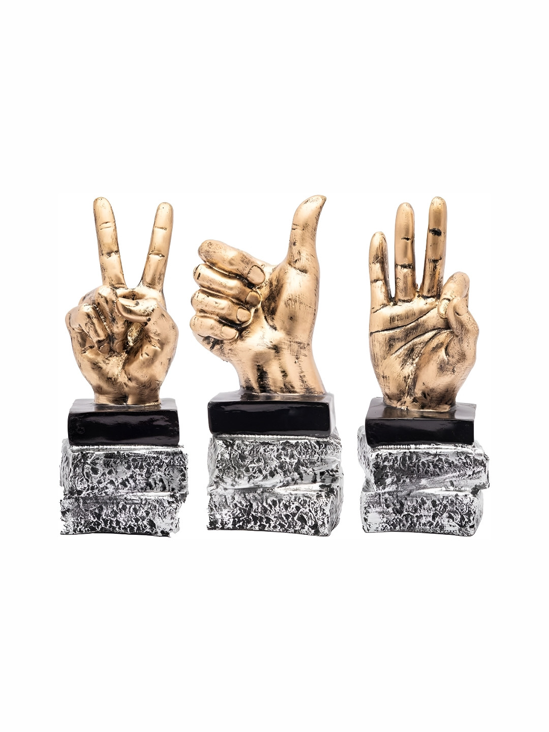 TECHEL Hand Sign Gesture Gold Polyresin Natural Living Room Set of 3 Medium Showpieces - 6.3 Inches