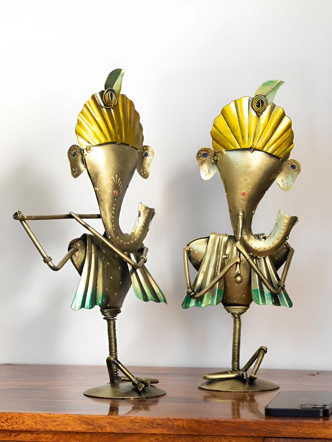 TECHEL Twin Ganpatis Beige Polyresin Matte Living Room Hand-Painted Set of 2 Medium Showpieces - 4.7 Inches