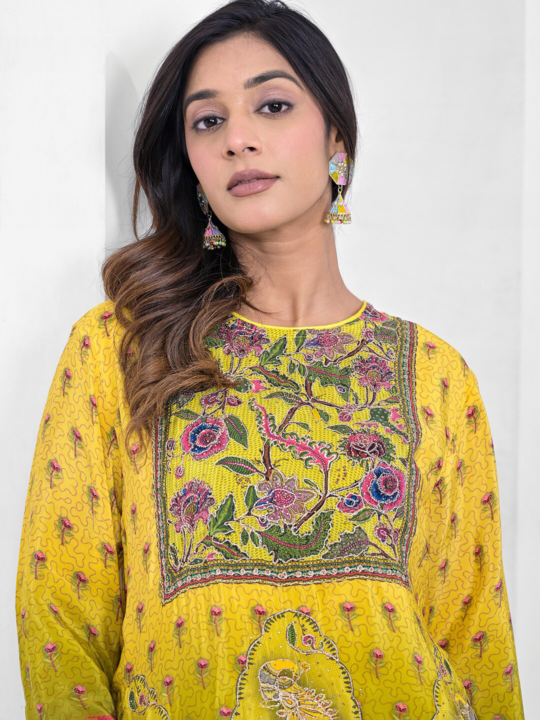 Vishudh Yellow Ethnic Motifs Printed Long Sleeves Asymmetric Top & Dhoti Pant