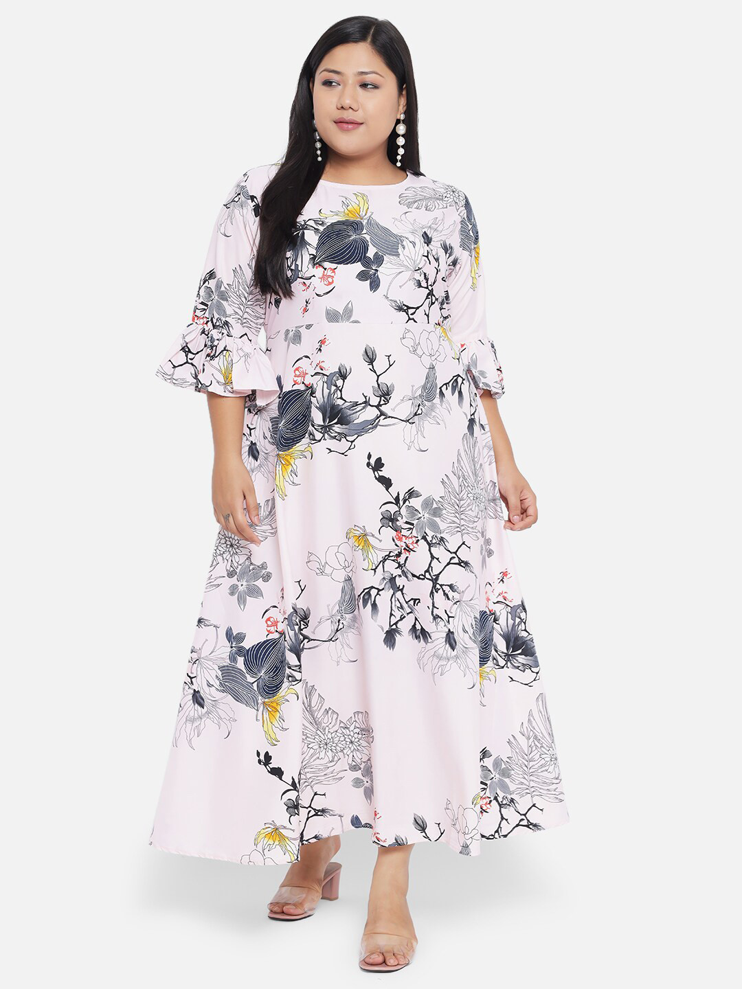 Indietoga Plus Size Floral Printed Bell Sleeves Maxi Dress