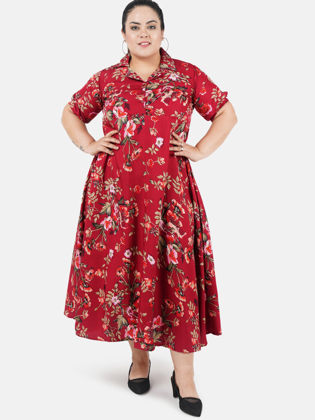 Indietoga Plus Size Floral Printed Fit And Flare Midi Dress