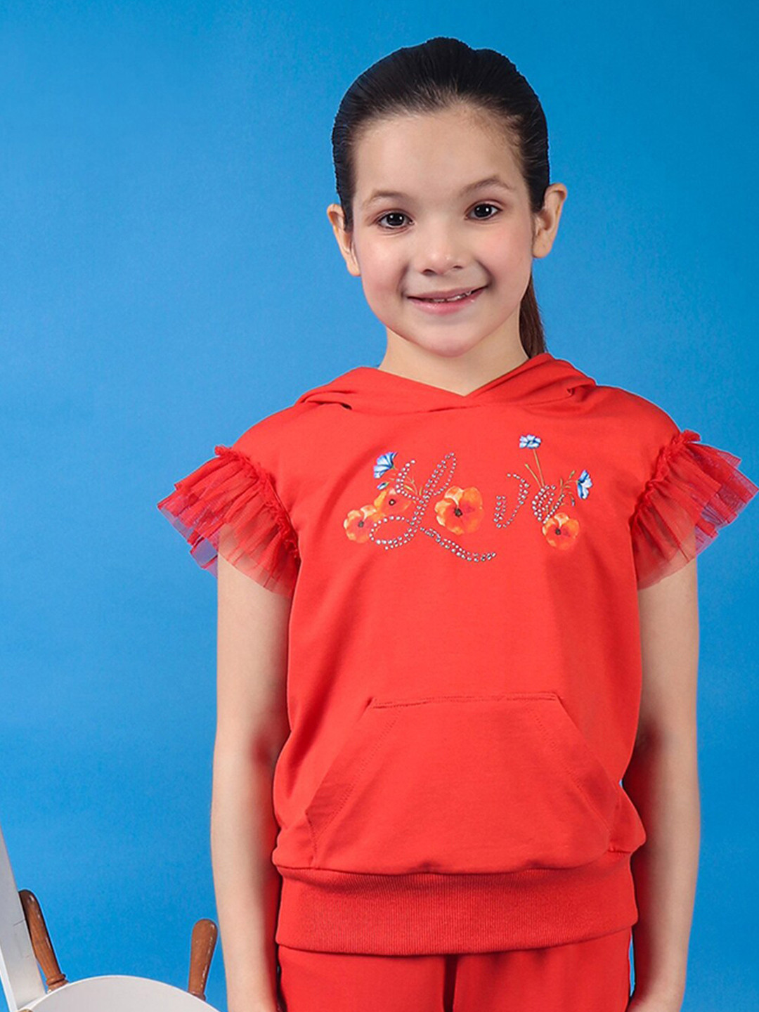 One Friday Girls Cotton Hooded Neckline Top With Placement Print