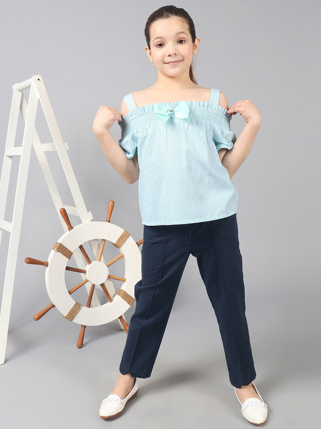 One Friday Girls Striped Ruffle Sleeves Cotton Smocked Top