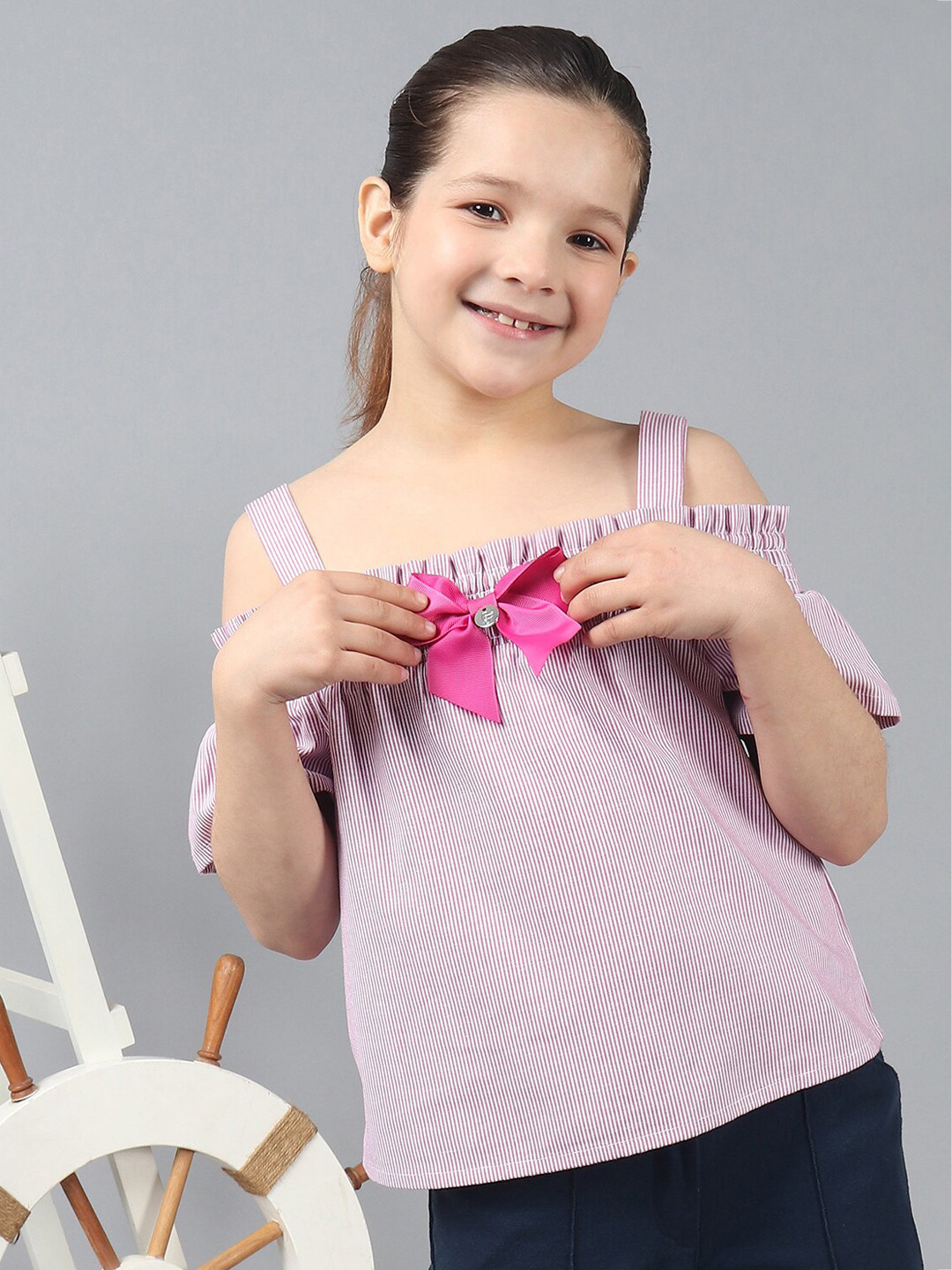 One Friday Girls Striped Ruffle Sleeves Cotton Smocked Top