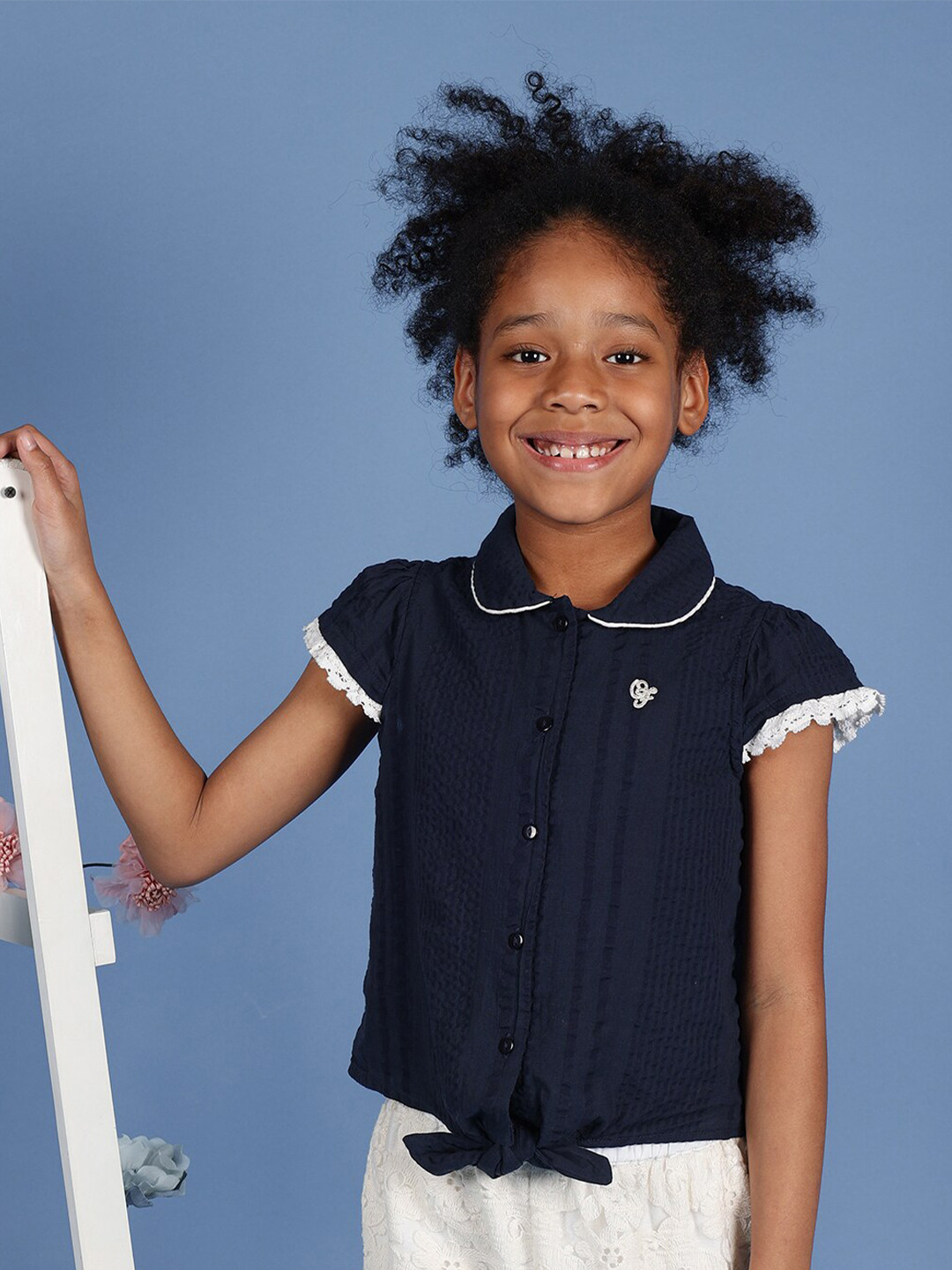 One Friday Kids Girls Navy Blue Cotton Cap Sleeves Top with Edge Lace