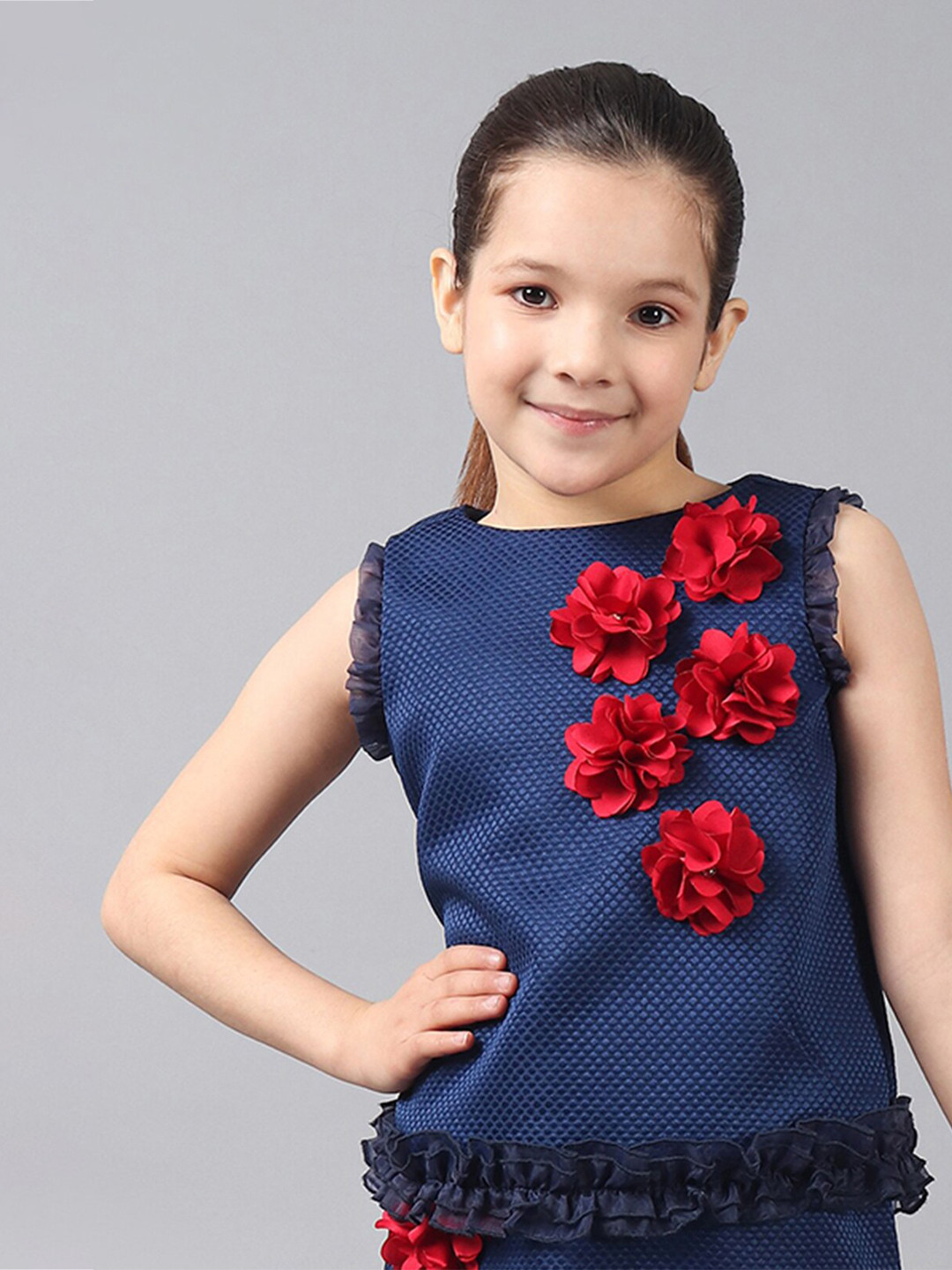 One Friday Kids Girls Round Neck Top With 3D flowers